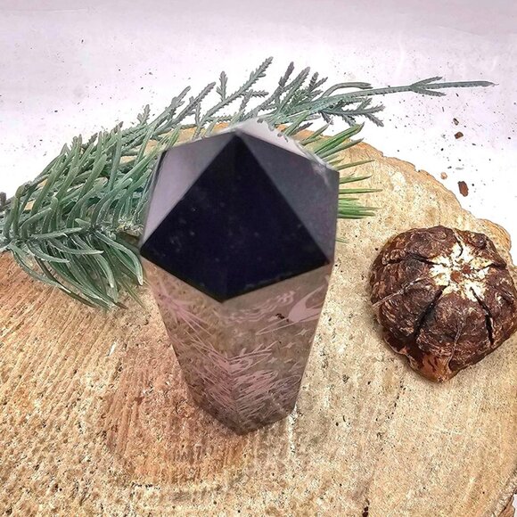 Nature Obsidian Engraved Purple Spiritual Symbols 4" Wand Point - Picture 3 of 10